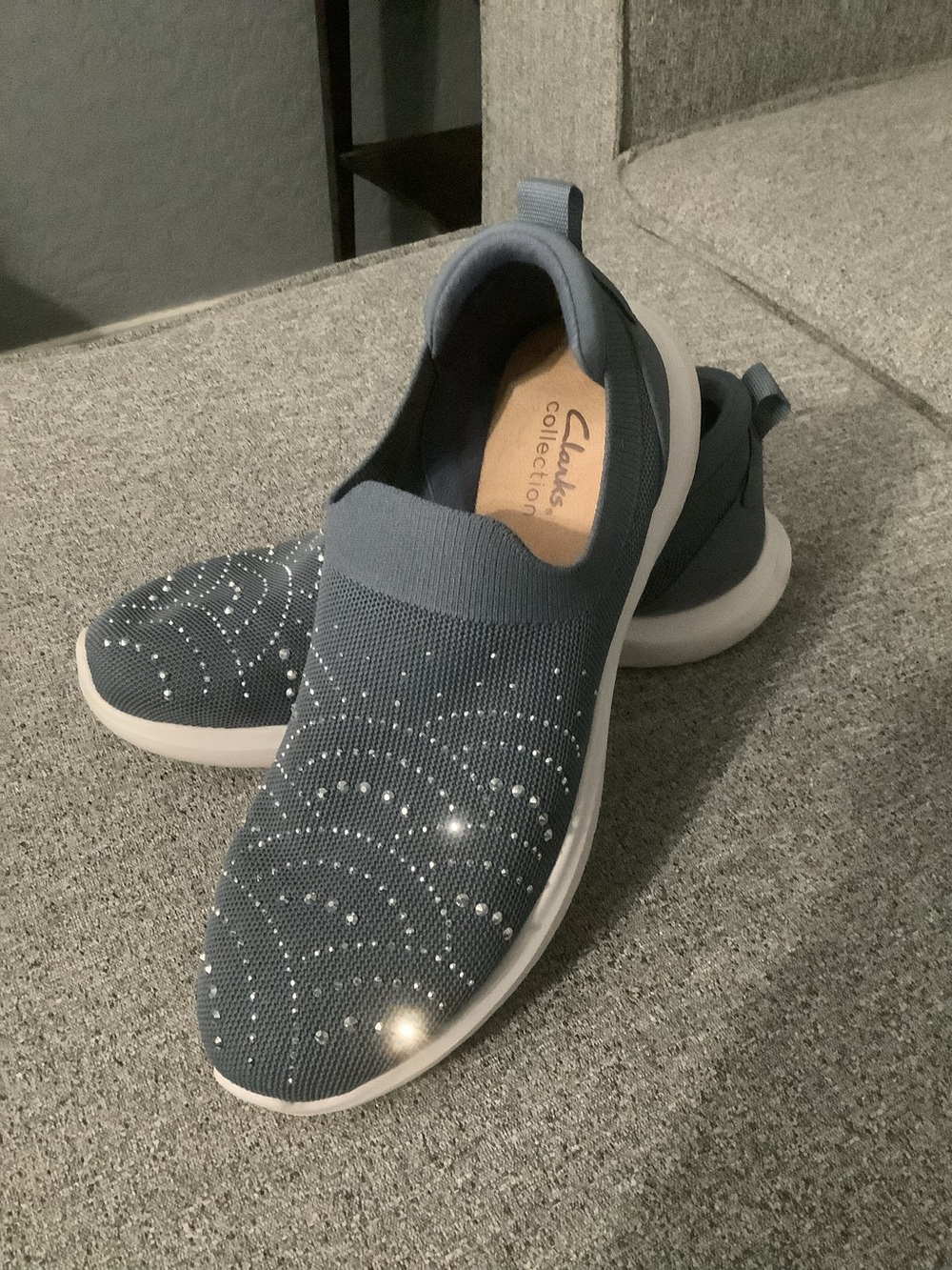 Clarks Knit Slip-On Sneakers with Sparkle Accents - denim blue, size 9